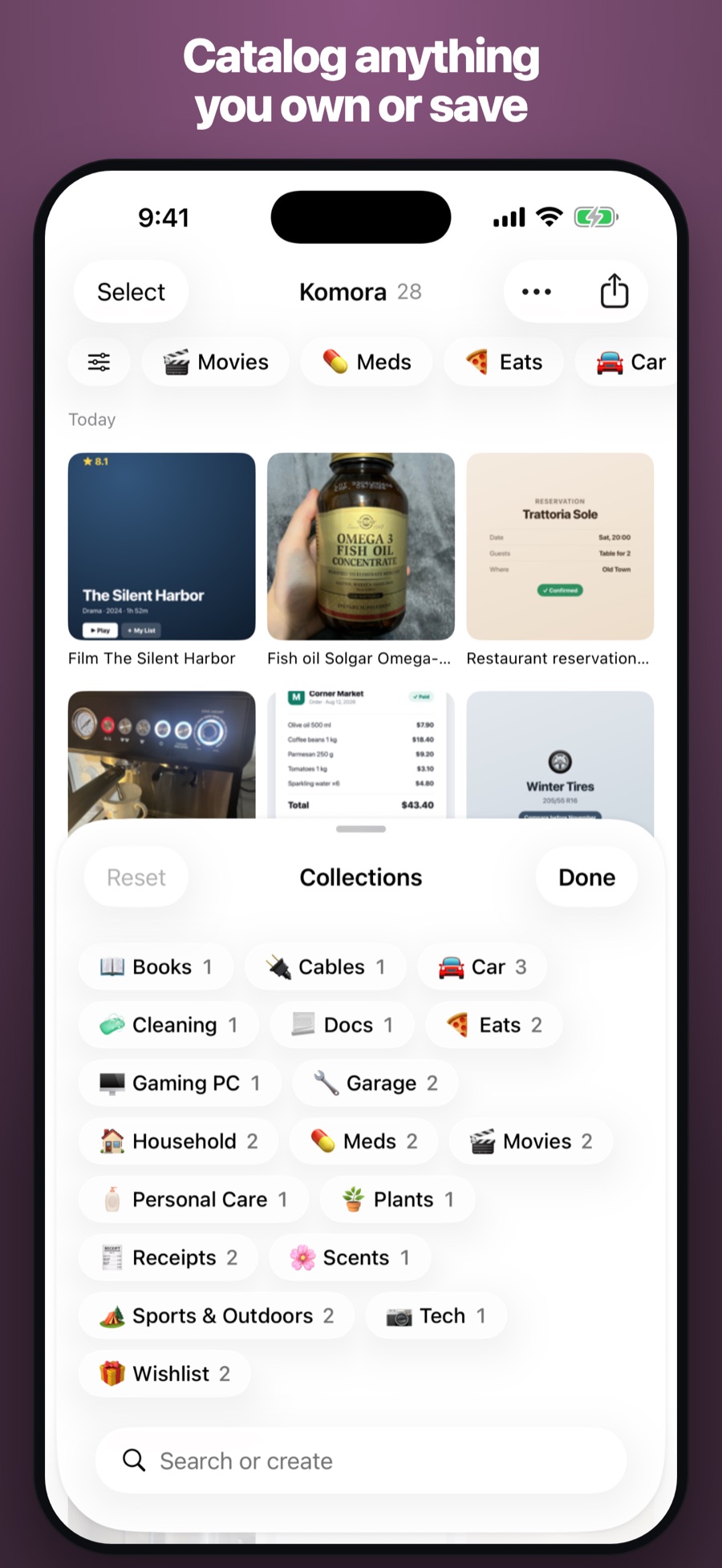 Catalog anything you own or save — the home grid, filtered by collection