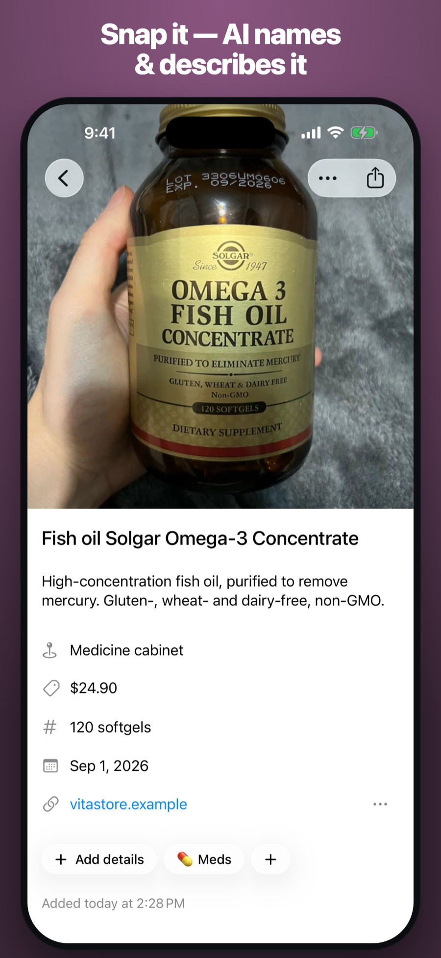 Snap it — AI names and describes the item from a photo