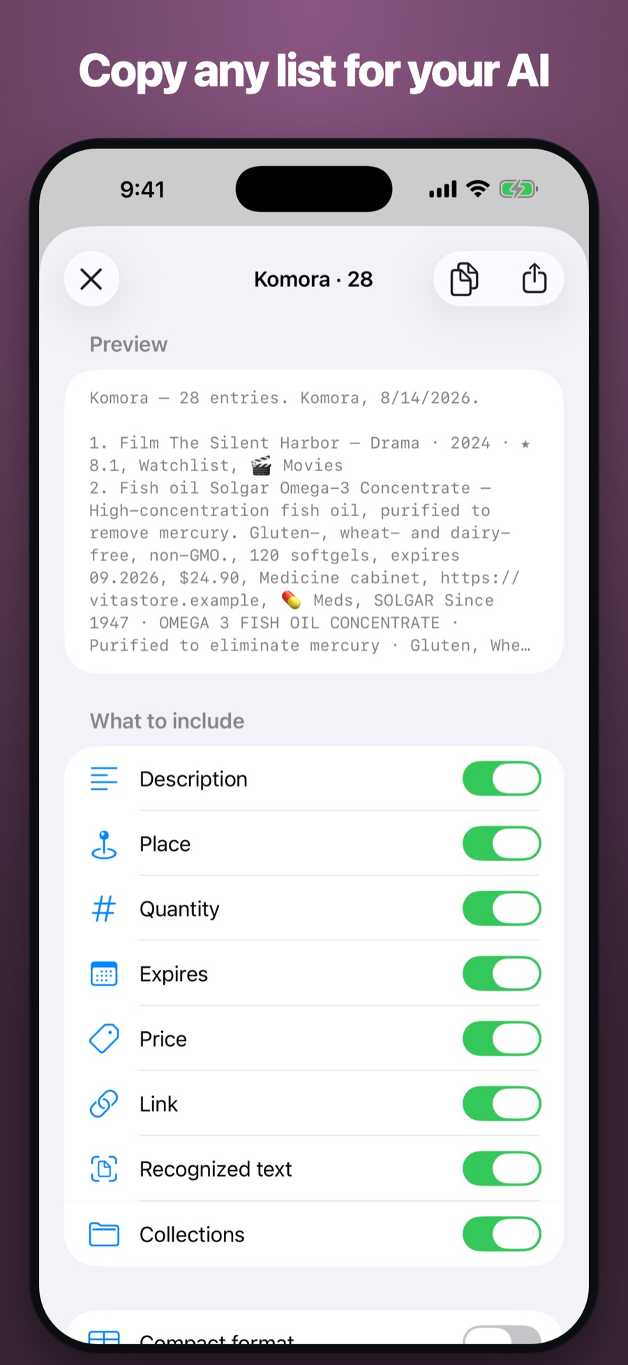 Copy any list for your AI — pick which fields to include