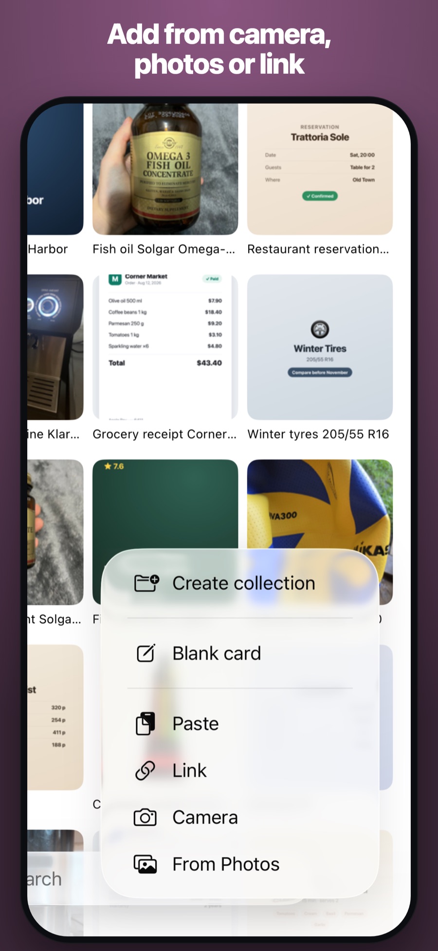 Add from camera, photos, or a link — plus paste and blank cards