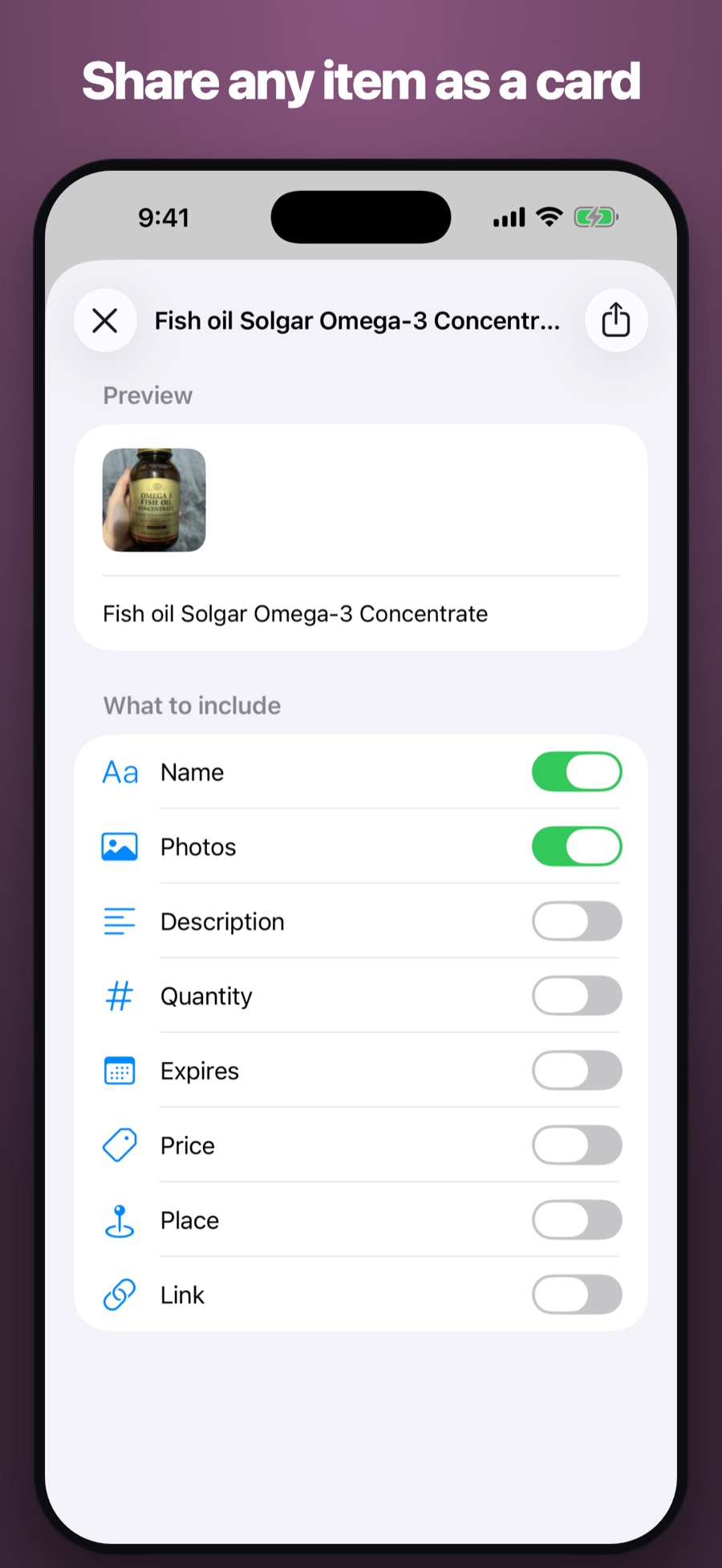 Share any item as a card — choose what to show
